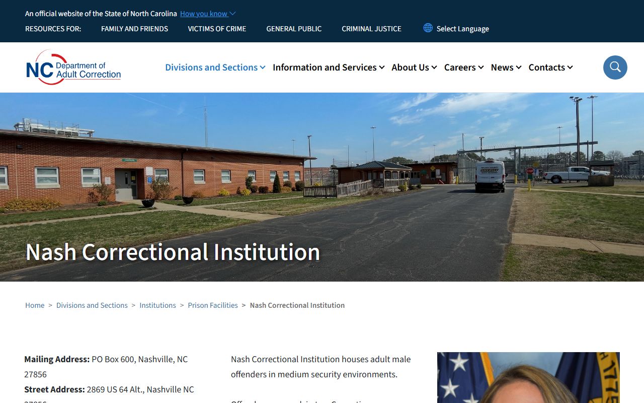 NCDAC Nash Correctional Institution official page with facility details