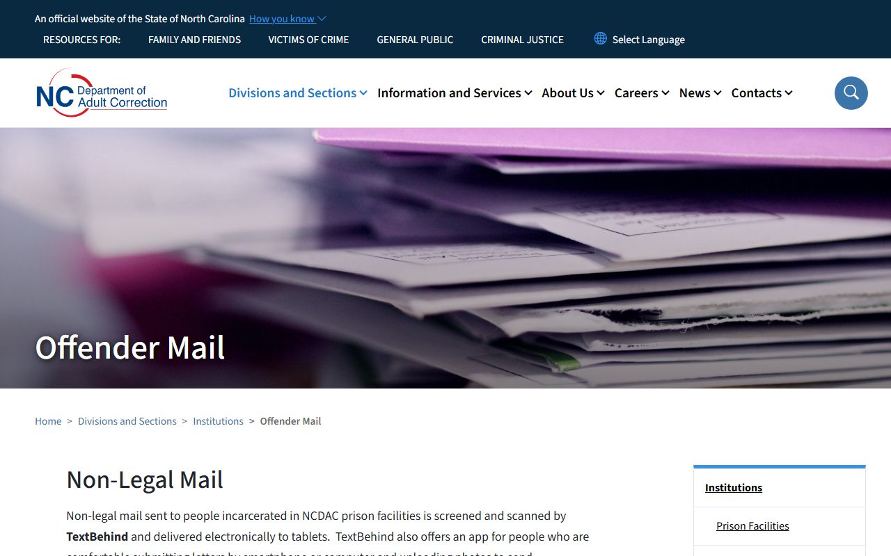 NCDAC offender mail page with TextBehind and OPUS number mail guidance